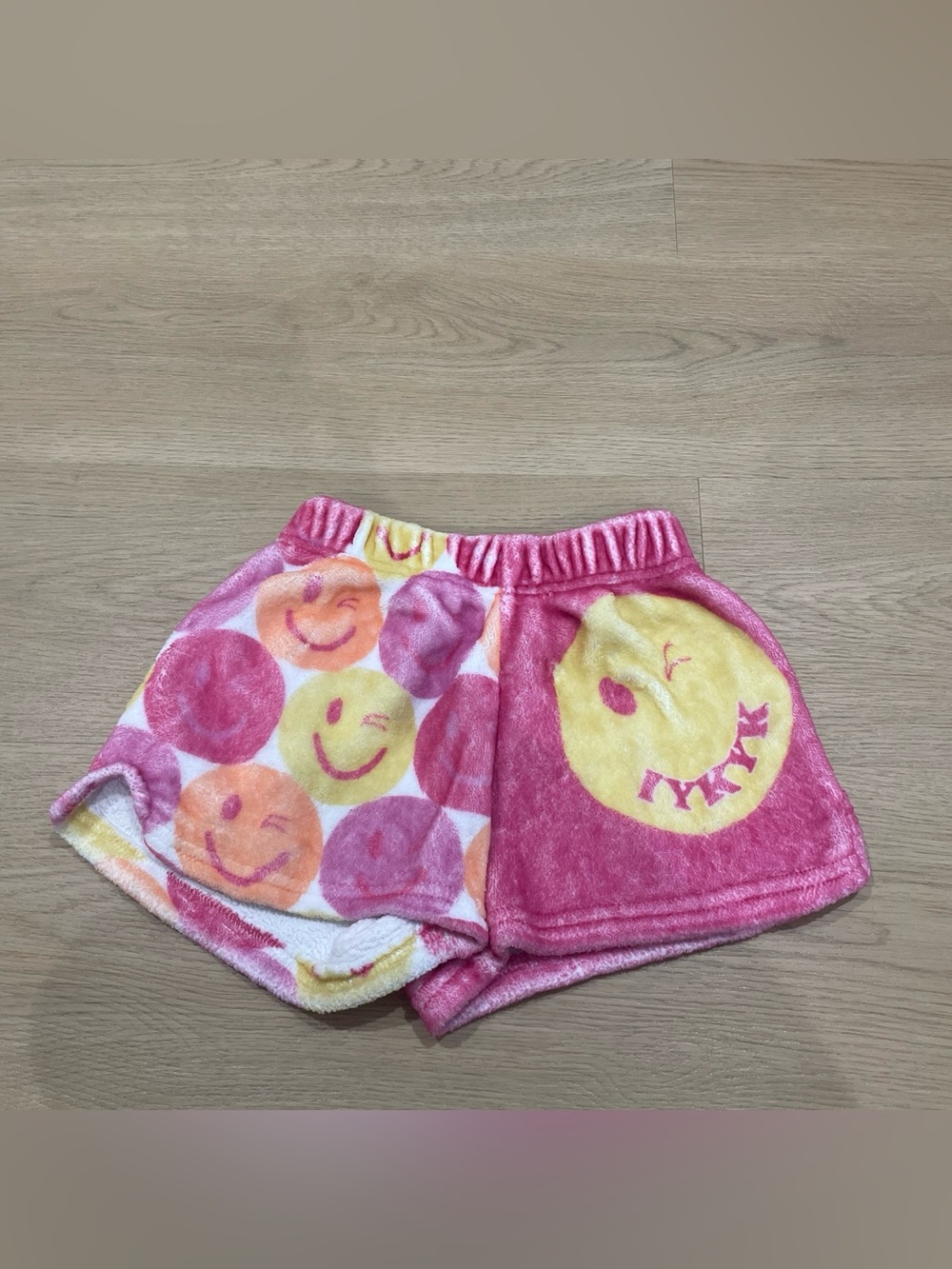 Theme Pink Plush Smiley Face Kids Shorts with Yellow Accents
